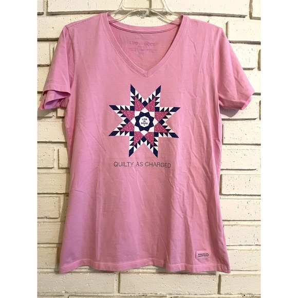 Life Is‎ Good Crusher T-Shirt Womens Sz Medium "Quilty as Charged" 100% Cotton - Picture 1 of 6